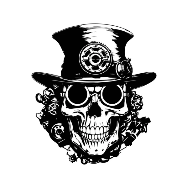 スチームパンクな頭蓋骨ロゴのコンセプト黒と白手描きイラスト — ストックベクタ