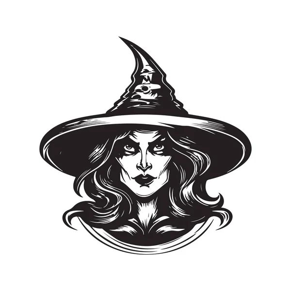 不気味な魔女ロゴのコンセプト黒と白手描きイラスト — ストックベクタ