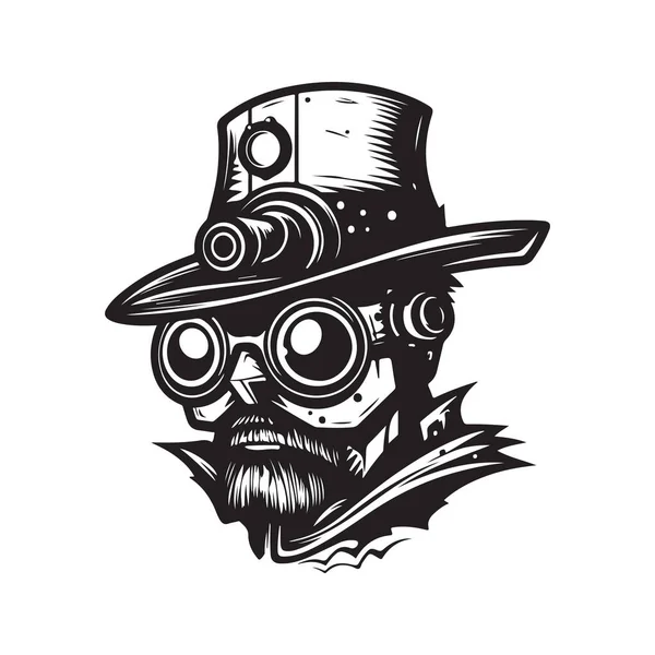 Chapeau Steampunk Concept Logo Noir Blanc Illustration Dessinée Main — Image vectorielle