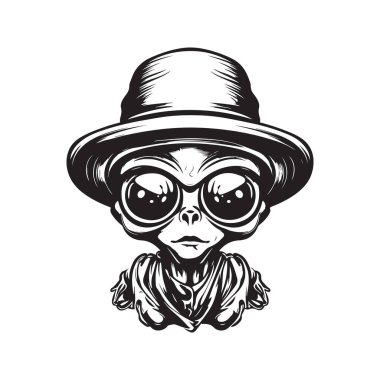 İzci şapkalı yabancı, klasik logo konsepti siyah beyaz, el çizimi illüstrasyon