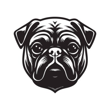pug, vintage logo konsepti siyah beyaz renk, el çizimi illüstrasyon