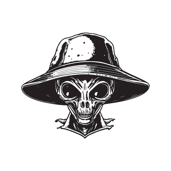Alien Kopf Eimer Hut Vintage Logo Konzept Schwarz Weiß Handgezeichnete — Stockvektor
