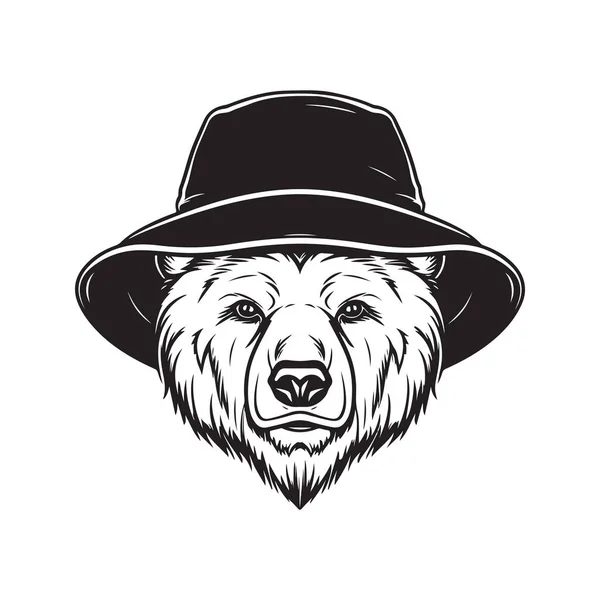 Urso Usando Chapéu Balde Conceito Logotipo Vintage Cor Preto Branco — Vetor de Stock