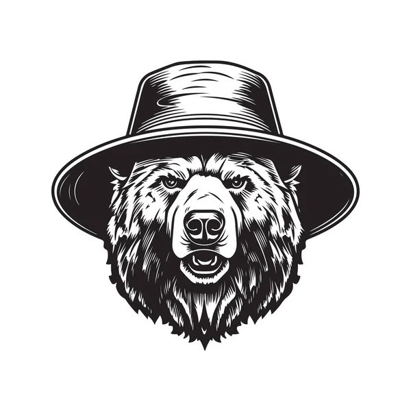 Медведь Носить Ведро Шляпа Винтажный Логотип Концепция Черно Белый Цвет — стоковый вектор