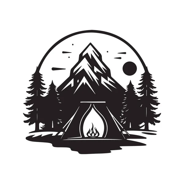 Camping Vintage Logo Concept Black White Color Hand Drawn Illustration — Stock Vector