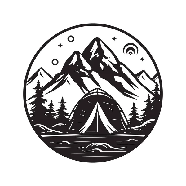 Camping Vintage Logo Koncept Svart Och Vit Färg Handritad Illustration — Stock vektor