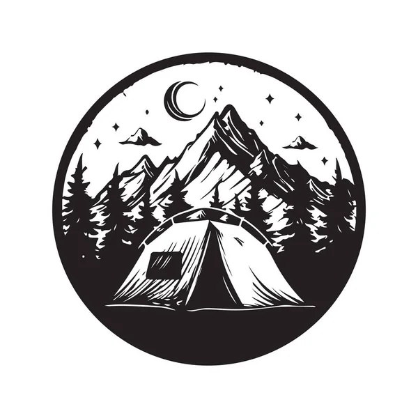 Camping Vintage Logo Koncept Svart Och Vit Färg Handritad Illustration — Stock vektor