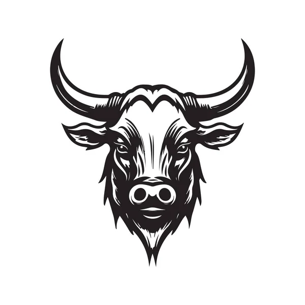 Langer Horn Stier Vintage Logo Konzept Schwarz Weiß Handgezeichnete Illustration — Stockvektor