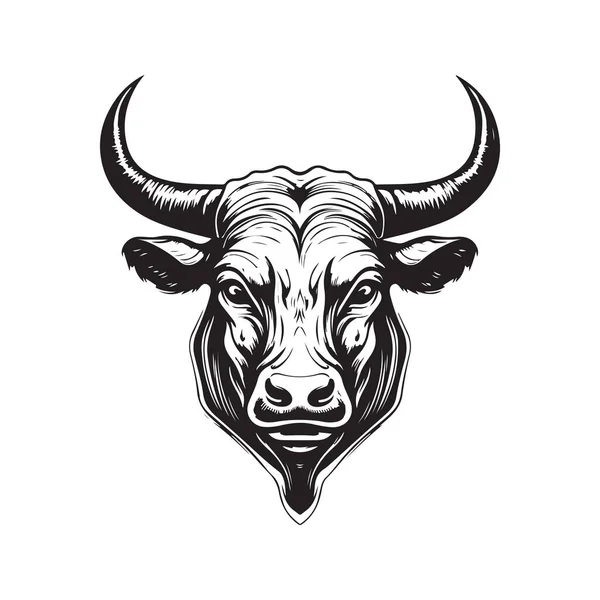 Длинный Рог Бык Винтажный Логотип Концепция Черно Белый Цвет Ручной — стоковый вектор