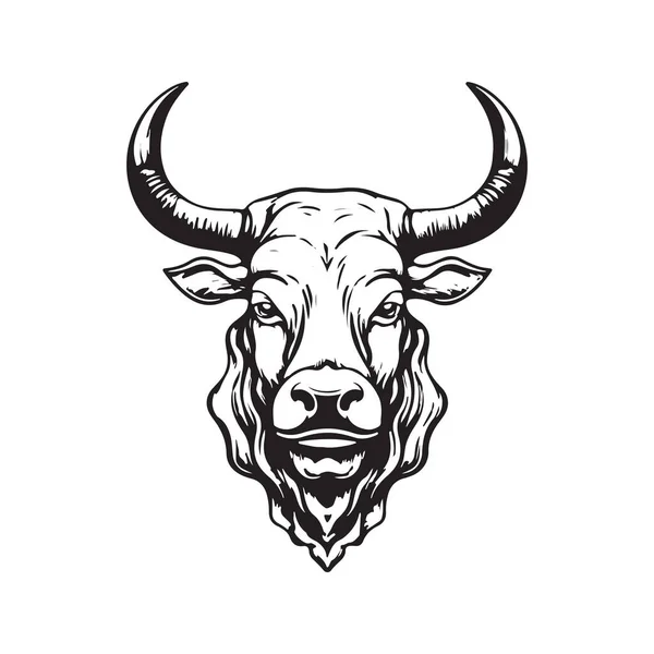 Langer Horn Stier Vintage Logo Konzept Schwarz Weiß Handgezeichnete Illustration — Stockvektor