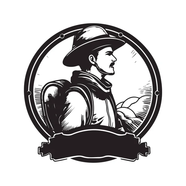 Explorateur Concept Logo Vintage Noir Blanc Illustration Dessinée Main — Image vectorielle