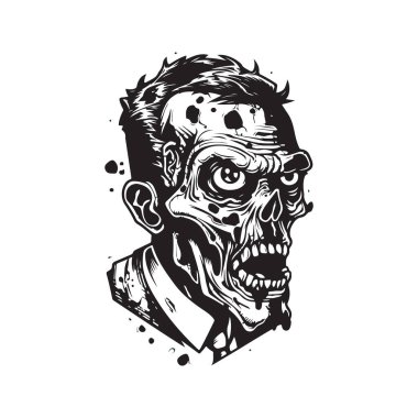 Zombi, klasik logo konsepti siyah-beyaz renk, el çizimi illüstrasyon