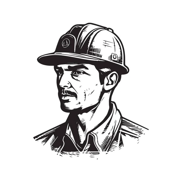 ハード帽子の労働者男性 ヴィンテージロゴのコンセプト黒と白 手描きイラスト — ストックベクタ