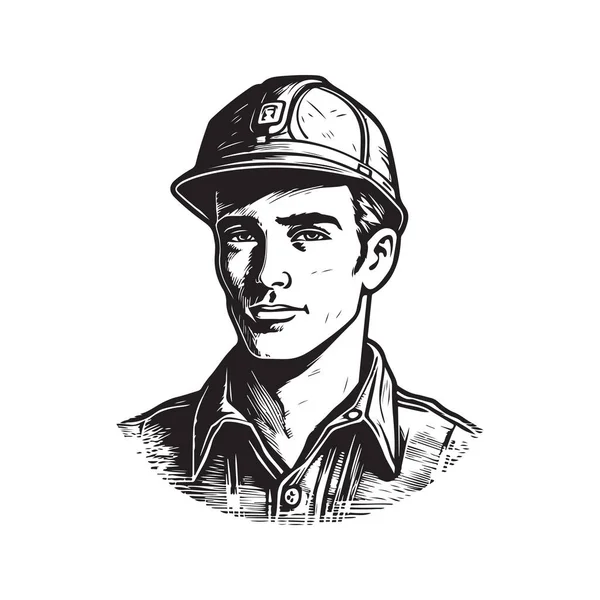 ハード帽子の労働者男性 ヴィンテージロゴのコンセプト黒と白 手描きイラスト — ストックベクタ