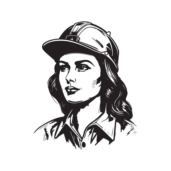 ハード帽子の労働者女性 ヴィンテージロゴのコンセプト黒と白 手描きイラスト — ストックベクタ