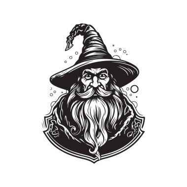 Büyücü büyücü, klasik logo konsepti siyah beyaz renk, el çizimi illüstrasyon