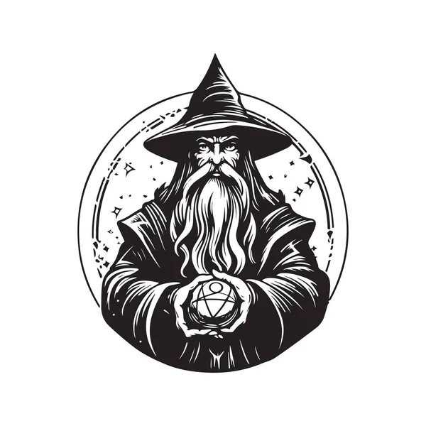 Büyücü Büyücü Klasik Logo Konsepti Siyah Beyaz Renk Çizimi Illüstrasyon — Stok Vektör