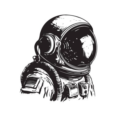 Astronot, klasik logo konsepti siyah beyaz, el çizimi illüstrasyon