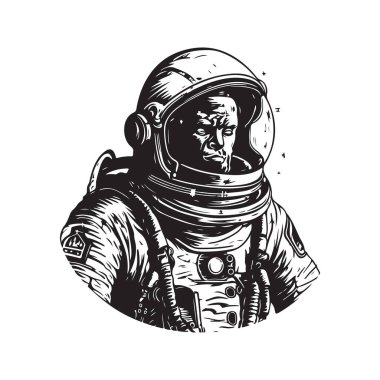 Astronot, klasik logo konsepti siyah beyaz, el çizimi illüstrasyon