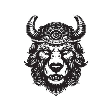 Viking kaskı takan ayı, klasik logo konsepti siyah beyaz, el çizimi illüstrasyon