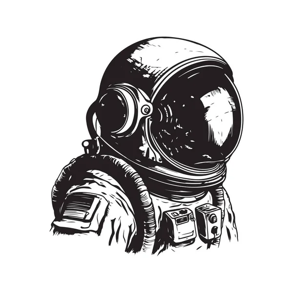 Astronauta Concepto Logotipo Vintage Color Blanco Negro Ilustración Dibujada Mano — Vector de stock