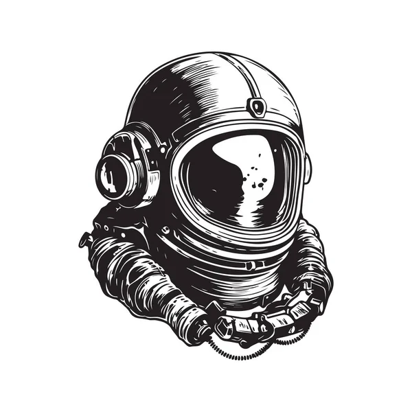 宇宙飛行士のヘルメットヴィンテージロゴのコンセプト黒と白手描きイラスト — ストックベクタ
