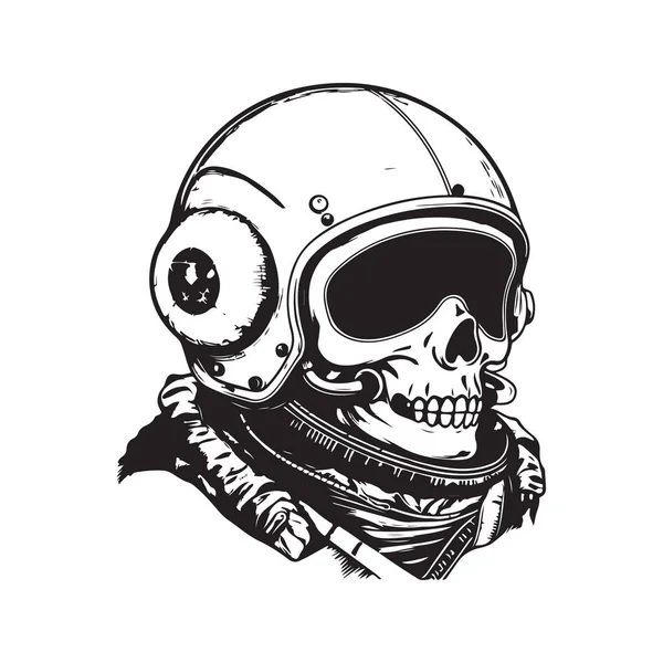 航天员头盔头盖骨 老式标志概念黑白色彩 手绘插图 — 图库矢量图片