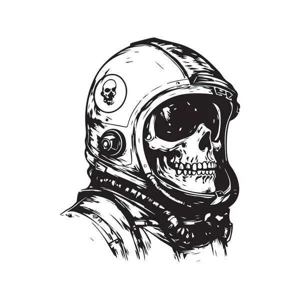 Crânio Astronauta Conceito Logotipo Vintage Cor Preto Branco Ilustração Desenhada — Vetor de Stock