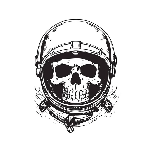 Crânio Astronauta Conceito Logotipo Vintage Cor Preto Branco Ilustração Desenhada — Vetor de Stock