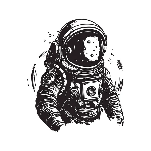 Astronauta Vintage Koncepcji Logo Czarno Biały Kolor Ręcznie Rysowane Ilustracji — Wektor stockowy