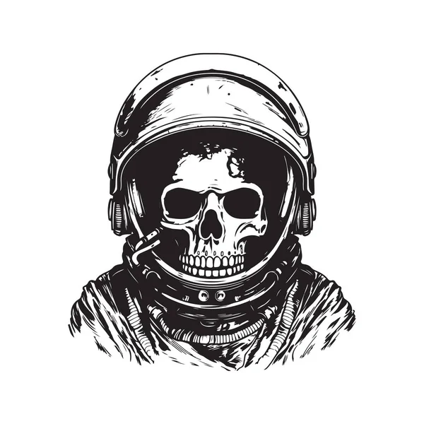 带有头骨的航天员头盔 老式标识概念黑白色彩 手绘图解 — 图库矢量图片