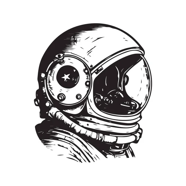 Casco Astronauta Concepto Logotipo Vintage Color Blanco Negro Ilustración Dibujada — Vector de stock