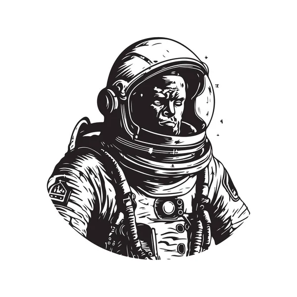 航天员 老式标志概念黑白色彩 手绘插图 — 图库矢量图片