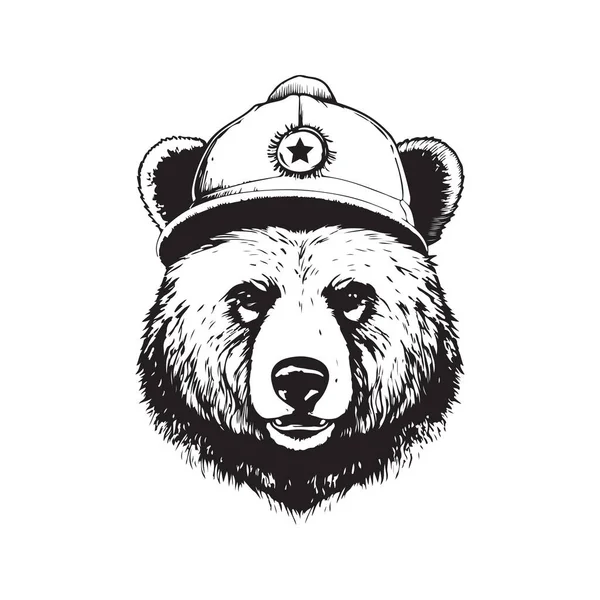 Niedźwiedź Nosić Kapelusz Vintage Koncepcji Logo Czarno Biały Kolor Ręcznie — Wektor stockowy
