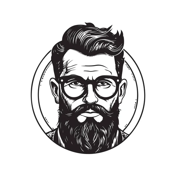 Brodaty Mężczyzna Okularach Vintage Koncepcji Logo Czarno Biały Kolor Ręcznie — Wektor stockowy