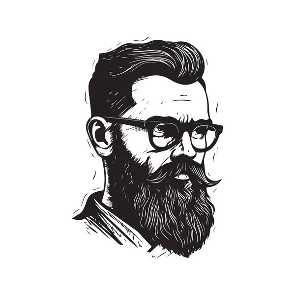 Gözlüklü Sakallı Adam Klasik Logo Konsepti Siyah Beyaz Çizimi Illüstrasyon — Stok Vektör