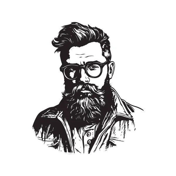 Bearded Man Glasses Vintage Logo Concept Black White Color Hand — Stock Vector
