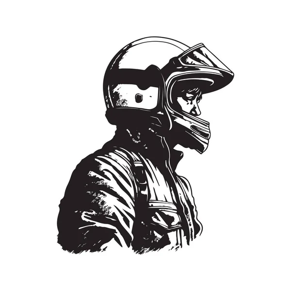 头戴全脸移动十字头盔的男人 老式标志概念黑白相间 手绘插图 — 图库矢量图片