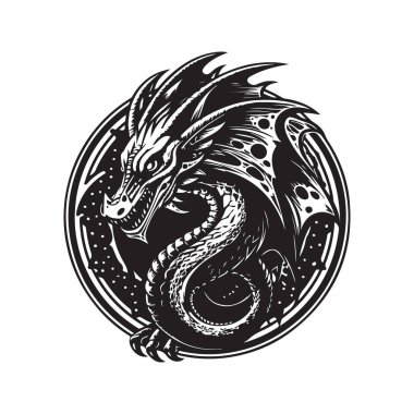 wyvern, klasik logo konsepti siyah-beyaz renk, el çizimi illüstrasyon
