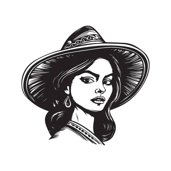 头戴半身像帽的女人 古色古香的标志概念黑色和白色 手绘插图 — 图库矢量图片