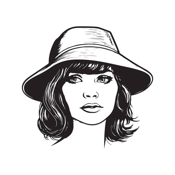 Chapeau Seau Femme Concept Logo Vintage Noir Blanc Illustration Dessinée — Image vectorielle