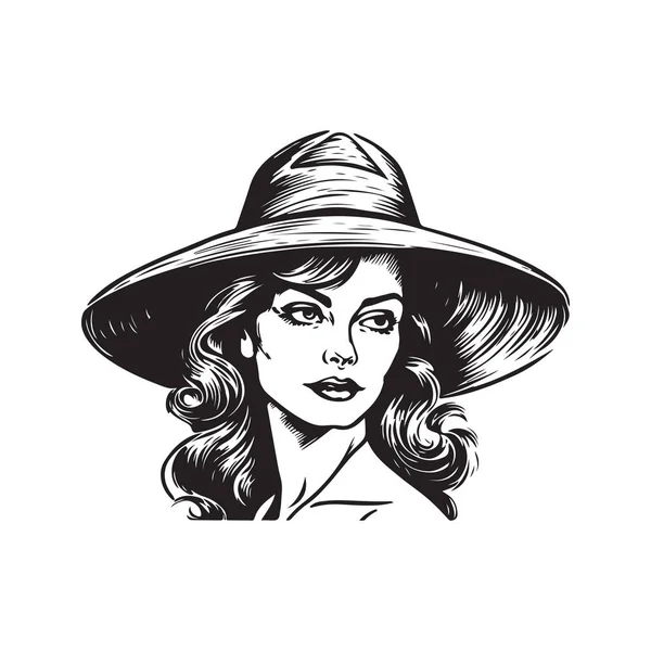 Chapeau Sombrero Femme Concept Logo Vintage Noir Blanc Illustration Dessinée — Image vectorielle