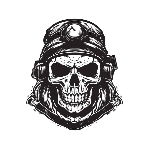 Lebka Voják Vintage Logo Koncept Černá Bílá Barva Ručně Kreslené — Stockový vektor