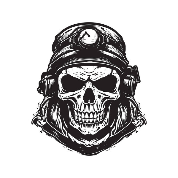 Череп солдат, винтажный логотип концепции черно-белый цвет, ручной рисунок иллюстрации