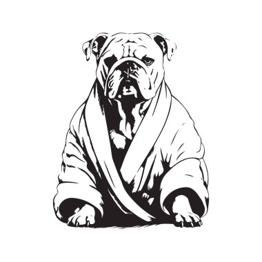 Buldog bornoz giyiyor, klasik logo konsepti siyah-beyaz, el yapımı illüstrasyon