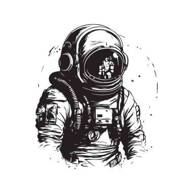 Kıyametin astronotu, klasik logo konsepti siyah beyaz, el çizimi illüstrasyon
