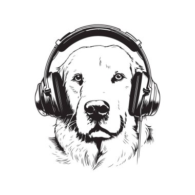 Golden Retriever kulaklık takıyor, klasik logo konsepti siyah beyaz, el çizimi illüstrasyon