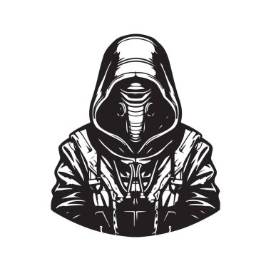 Kapüşonlu bilim kurgu, klasik logo konsepti siyah beyaz, el çizimi illüstrasyon