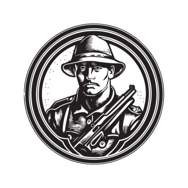 Asker, klasik logo konsepti siyah beyaz renk, el çizimi illüstrasyon