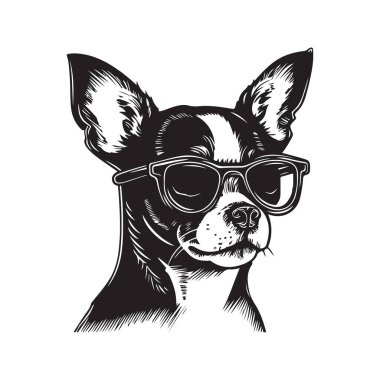 Yaz chihuahua 'sı, klasik logo konsepti siyah beyaz, el çizimi illüstrasyon